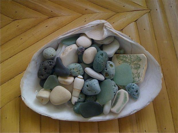 Green SLAG GLASS, EUROPEAN and ASIAN CERAMIC SHARDS, SEA GLASS and a  curious little 'WHATCHAMACALLIT,.'